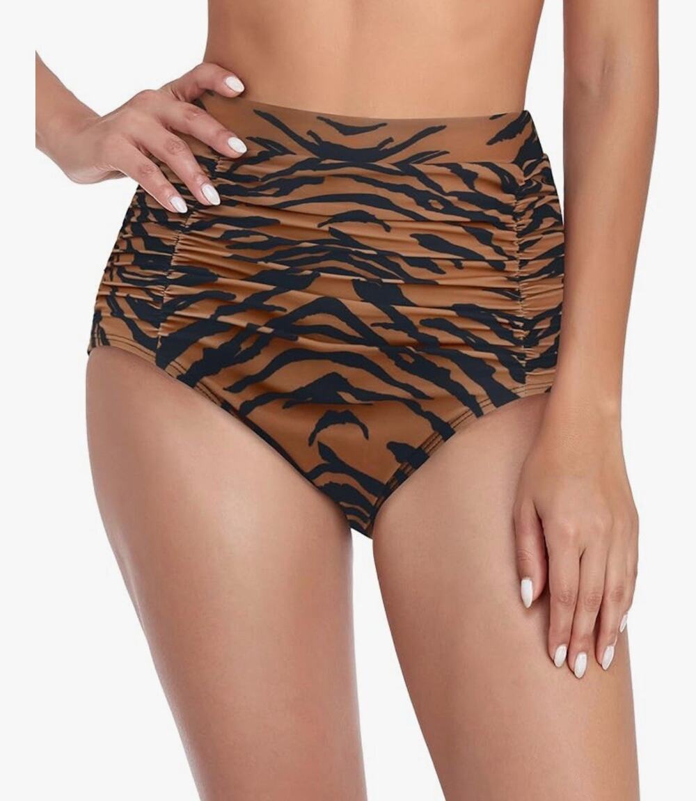NWT RELLECIGA High Waisted Bikini Bottom Tiger Print Ruched Swim Bottom Size L